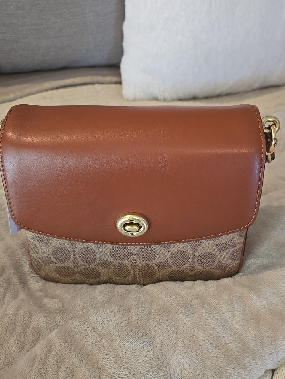 Coach Tan Leather & Signature Canvas Shoulder Bag with Gold Hardware
